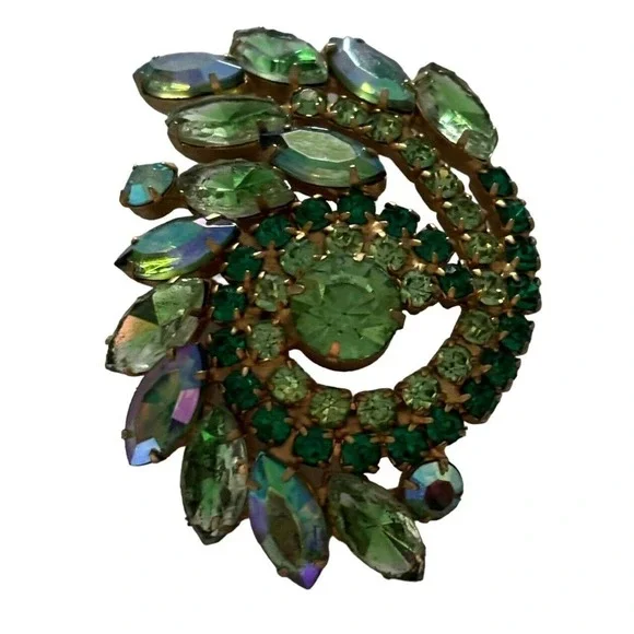 Vintage Multicolored Green Rhinestone Crystal Marquise Brooch Pin Mid Century - Picture 9 of 9